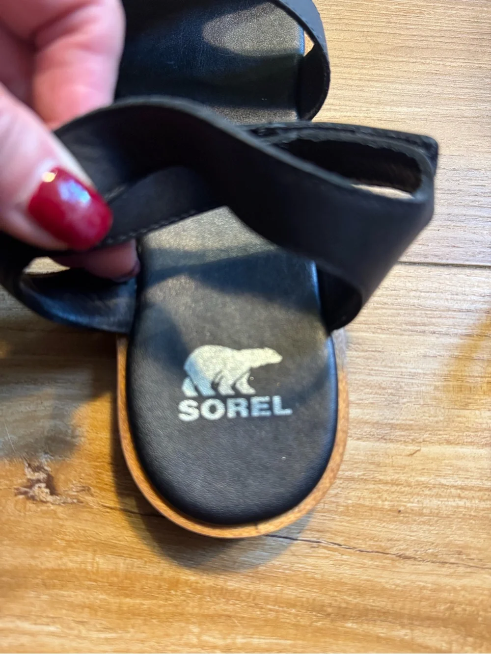 Sorel Black Faux Leather Two-Strap Velcro Ankle Sandals